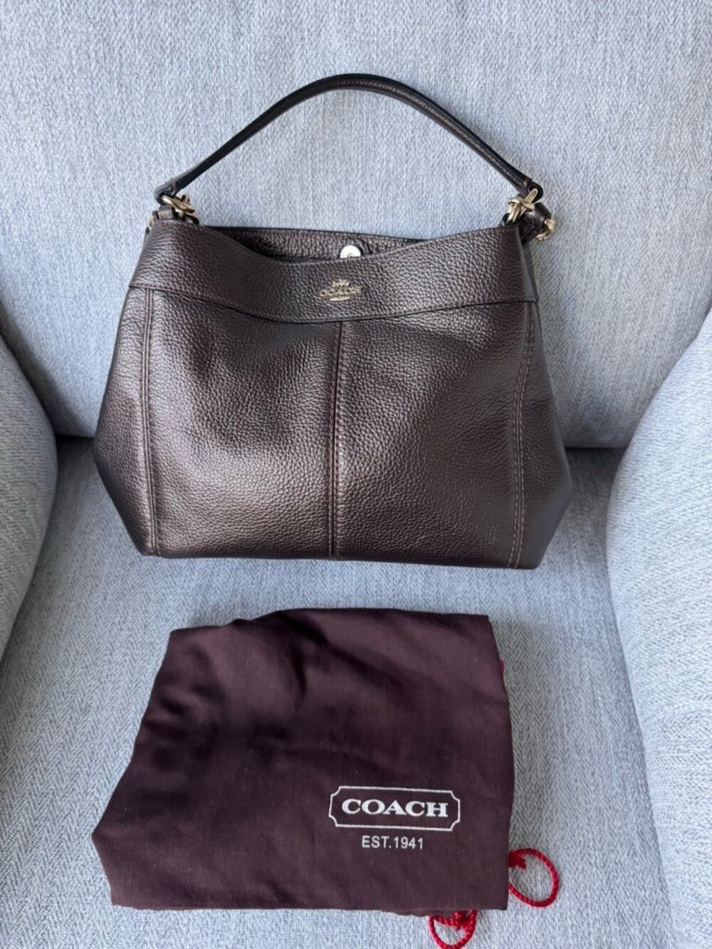 COACH Lexy Bronze Pebbled Leather Shoulder Bag F29174 Dust Bag MINT